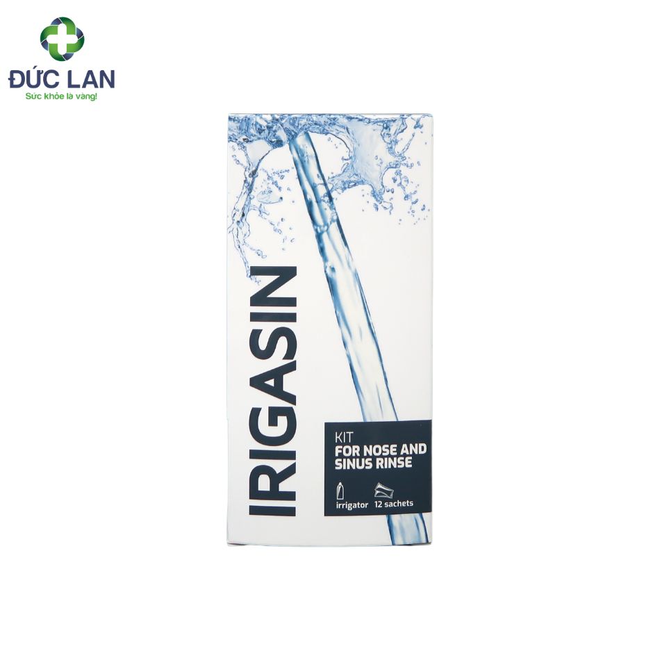 Bộ dụng cụ rửa mũi Irigasin. Bộ gồm 1 bình và 12 gói hỗn hợp pha dung dịch rửa mũi.